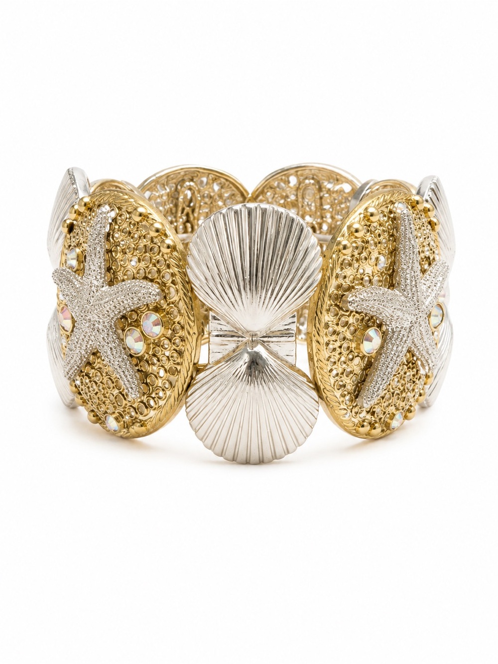 Coastal Starfish Shell Stretch Bracelet Gold Silver Rhinestone Beach NWT - Picture 4 of 6